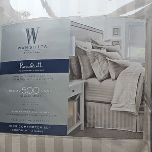 RARE Wamsutta REVERSIBLE PIMA COTTON Damask Stripe KING Comforter Set STONE